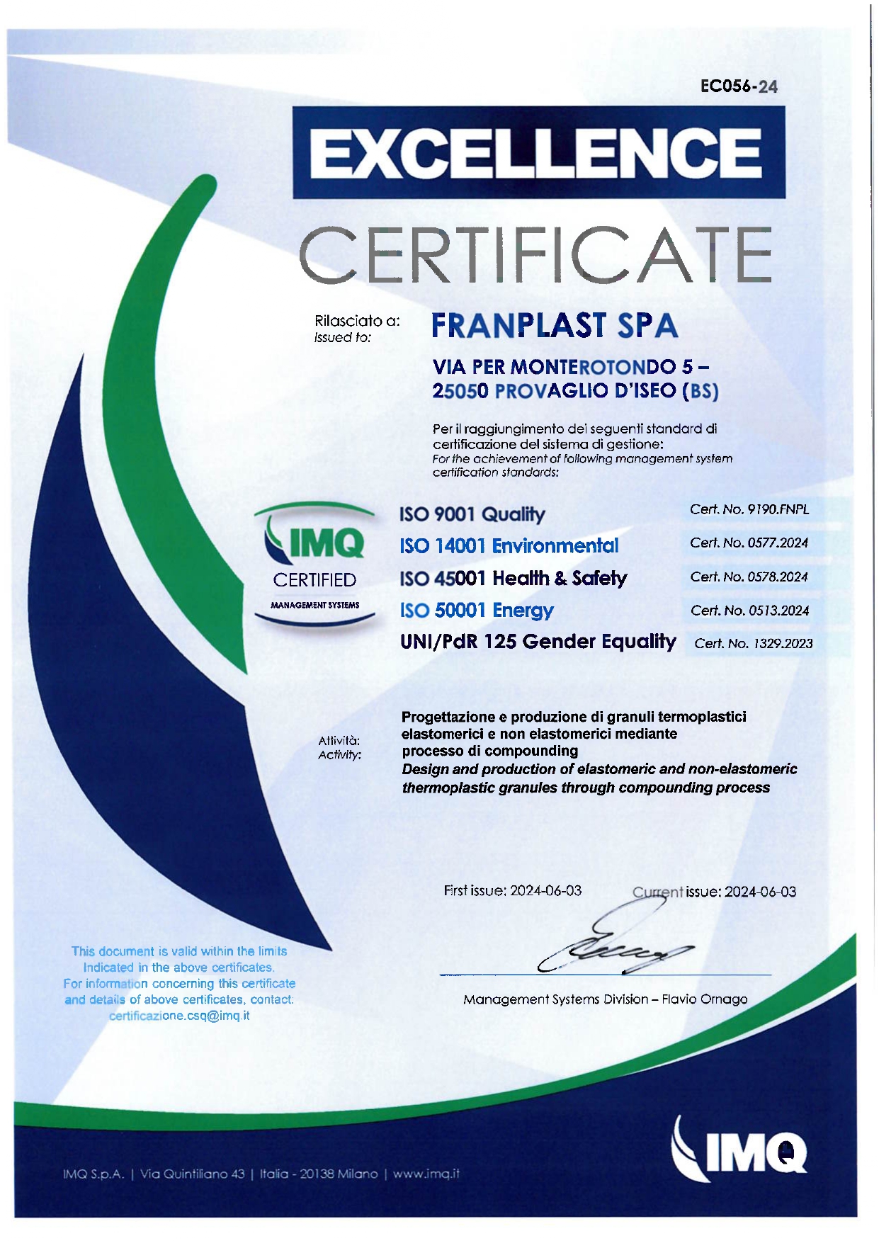 Franplast spa: La consegna del prestigioso Certificato di Eccellenza. Una PMI impegnata per la sostenibilità ambientale e sociale.